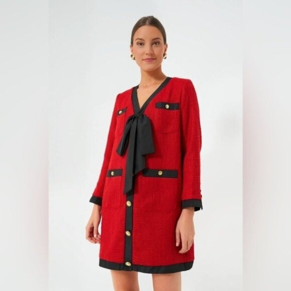 Tuckernuck Red Long Sleeve Tweed Dress with Black Trim
